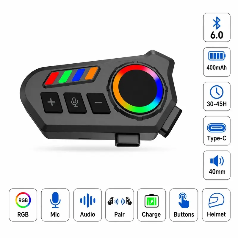 Motorcycle Helmet Wireless Headset, Bluetooth 5.0 Helmet Speaker with 20H Battery Life, 10m Connection Range, 40mm Driver and Switchable Ambient Lighting