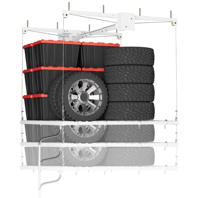 4x4 Ft Ceiling Storage Rack – Overhead Garage Lifting System with Hand Crank, 350 lb Capacity, Adjustable Height, Sturdy Steel, White