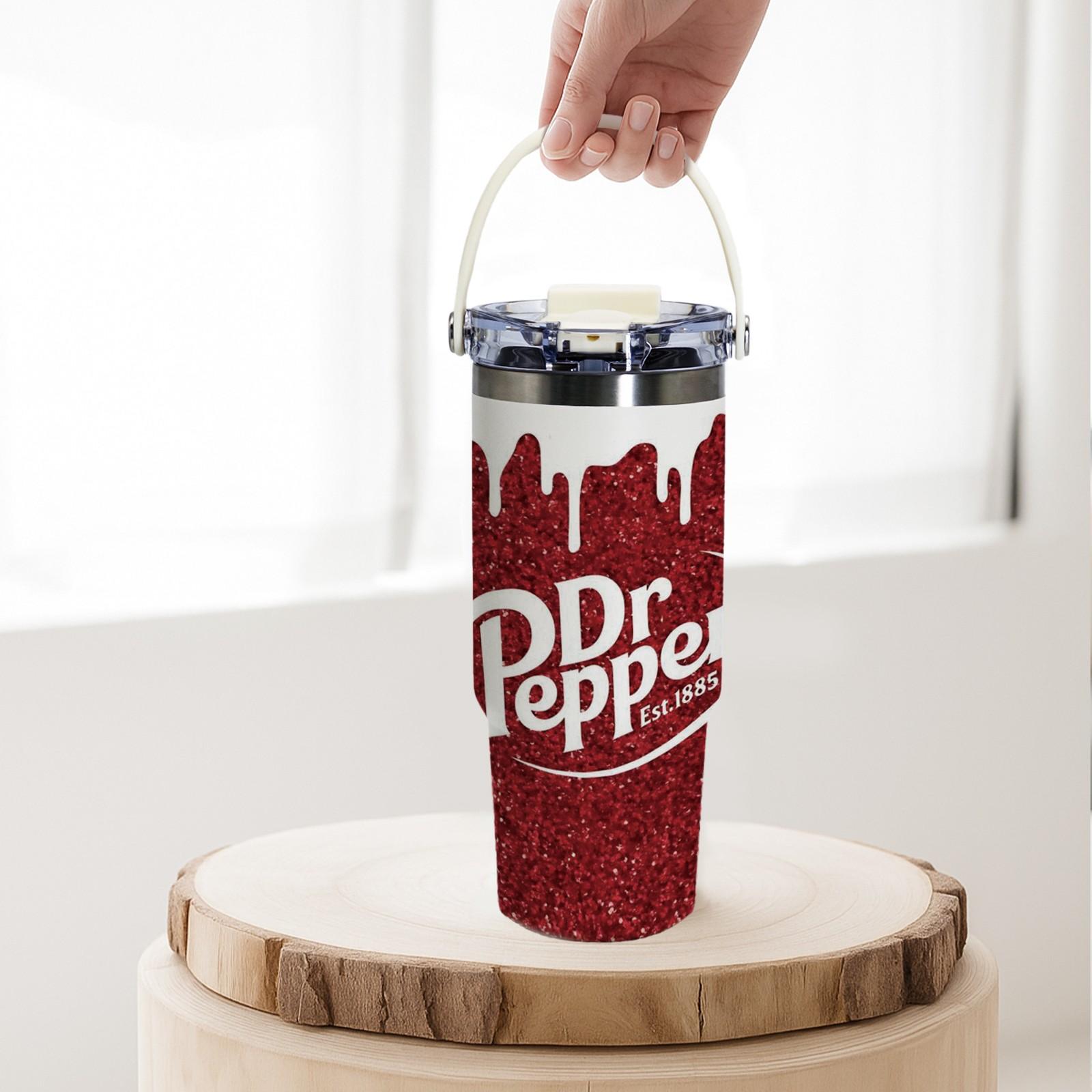 30oz Insulated Tumbler With Handle And Spout Lid, Dual Drinking Ways, Dr Pepper Soda Inspired Print, Retro Cola Style, Double Wall Stainless Steel Vacuum Insulated Flask, Keeps Hot 12 Hours Cold 24 Hours, Leak Proof Large Capacity Travel Mug