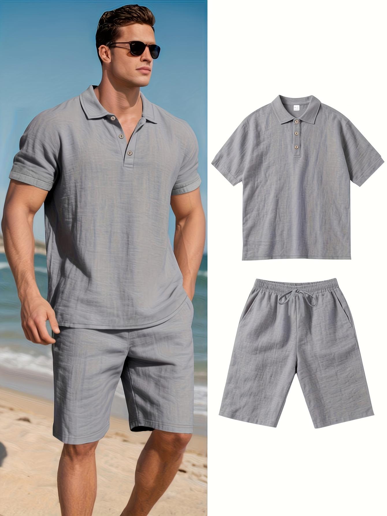 Men's 2-Piece Classic Linen Fabric Polo Shirt & Shorts Set, Short-Sleeve Quick-Dry Breathable Casual Outdoor Evening Clothes, Plain Menswear Outfit
