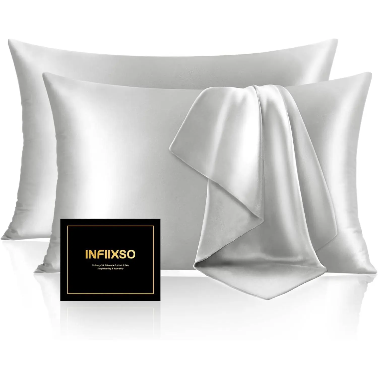 Silk Pillow 2 Pack, Standard Size, Hidden Zipper, Light Grey| & Soft Silk Pillowcase for Hair & Skin, Cooling Pillow Cover for Hot Sleepers, Gifts for & Men, 20"x26"