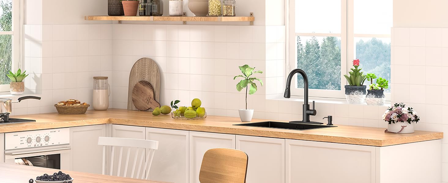 FORIOUS Kitchen Faucet with Soap Dispenser, Kitchen Faucets with Pull Down Sprayer, Updated High Arc Single Hole Faucet for Kitchen Sink RV summergarden