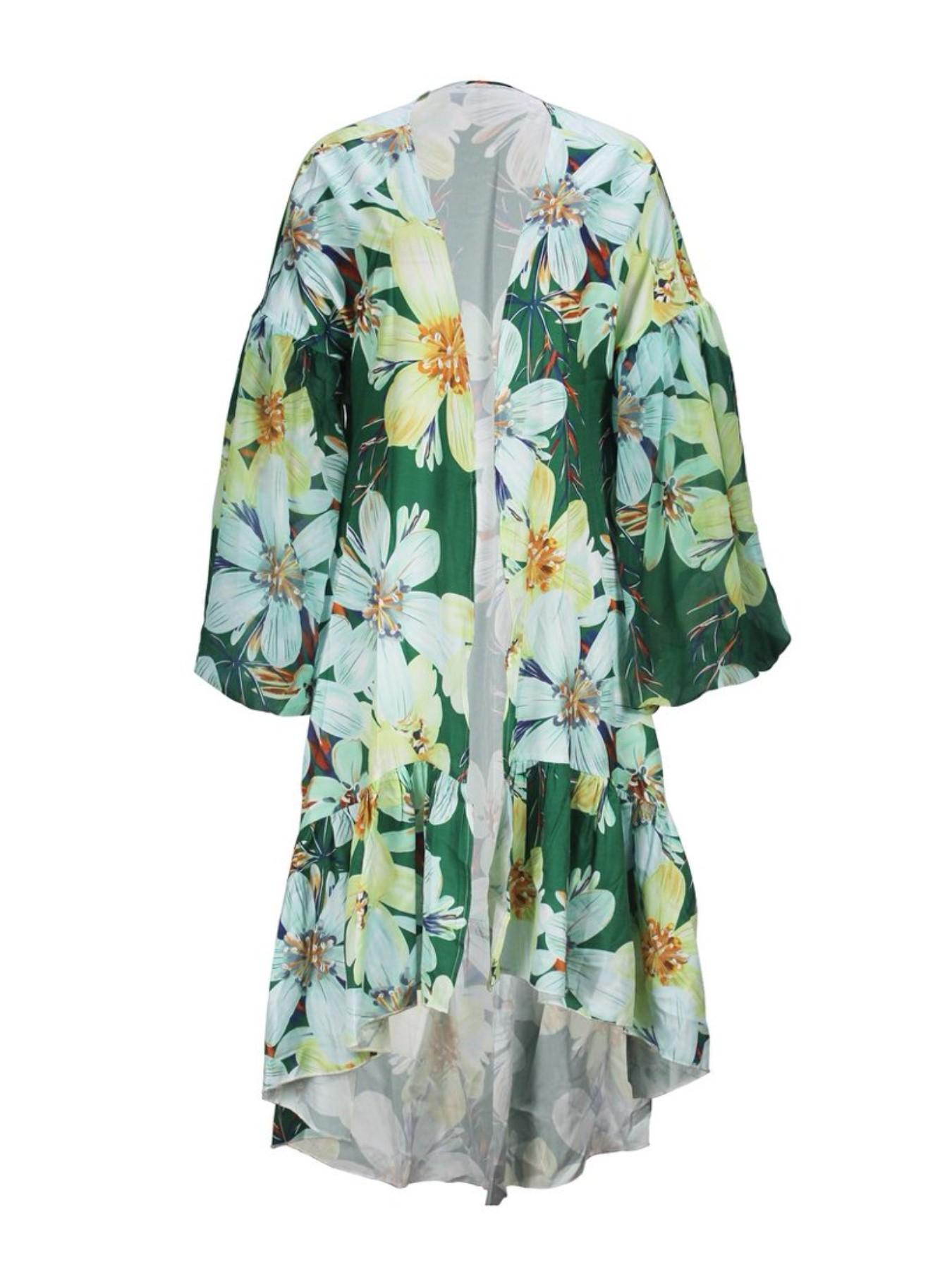 Women's Vacation Casual Bohemian Spring Summer Lantern Sleeve Asymmetrical Hem Long Floral Print Outerwear Cardigan Dress, All Seasons Fashion Clothes