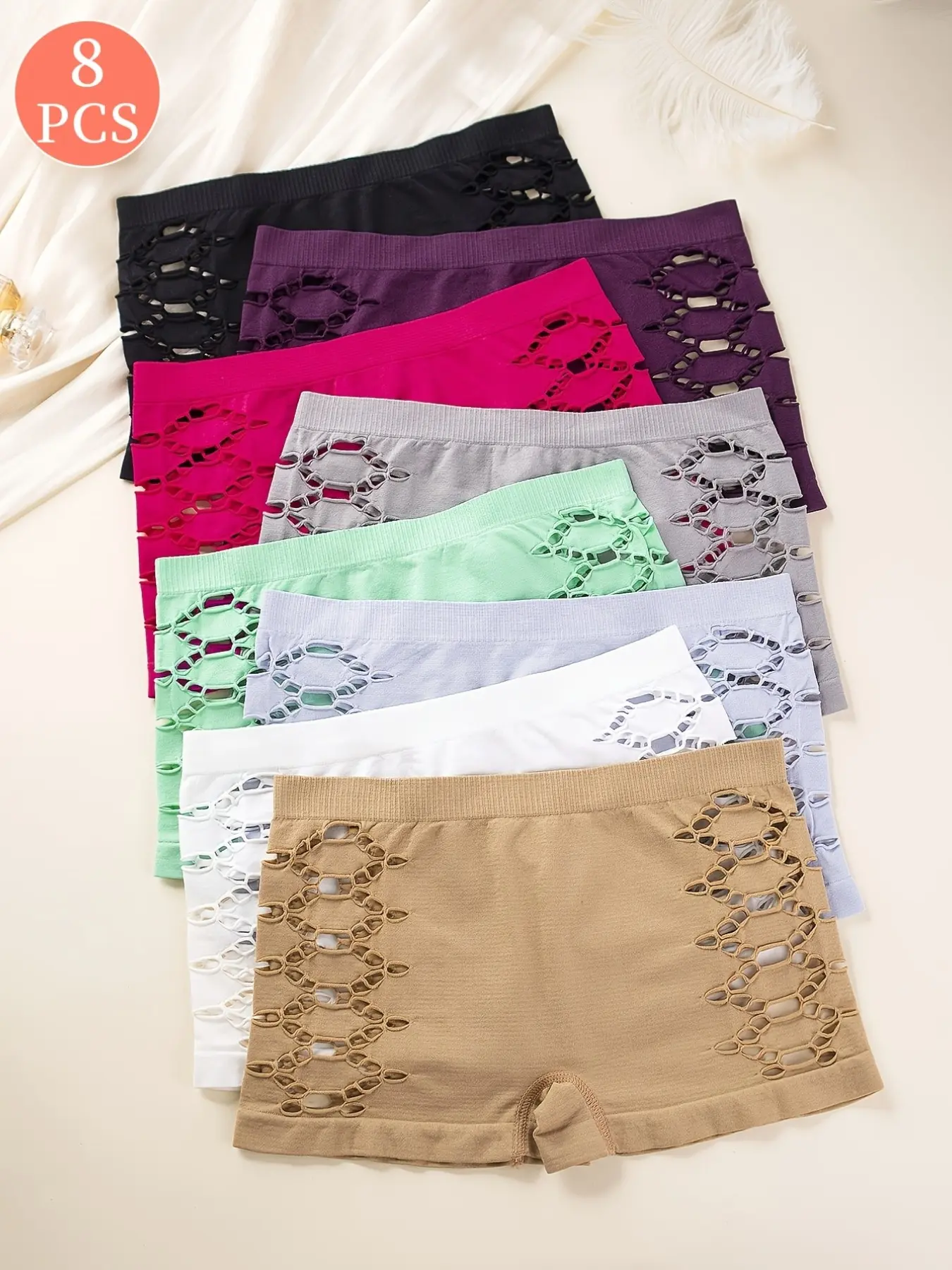 8-Pack Women's Seamless Cutout Boyshort Underwear, Mid-Rise Stretch Boxer Briefs with Crisscross Sides, Assorted Colors
