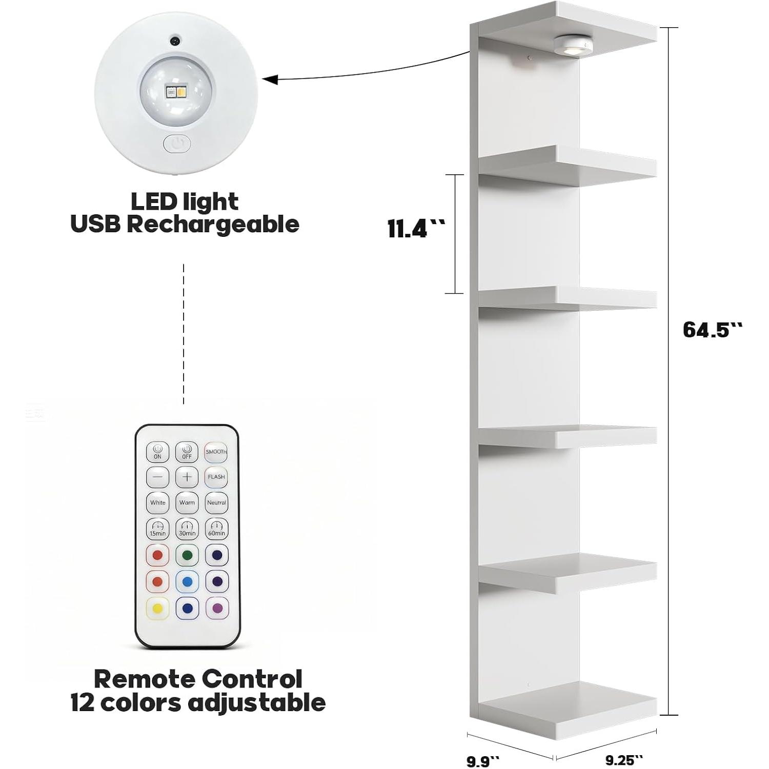 6-Tier Wall Shelf Unit with USB Rechargeable Led Light (Remote Controlled),Versatile Floating Display Shelves,Lack Style Wall Shelves for Bedroom,Living Room,Office Decor,-White