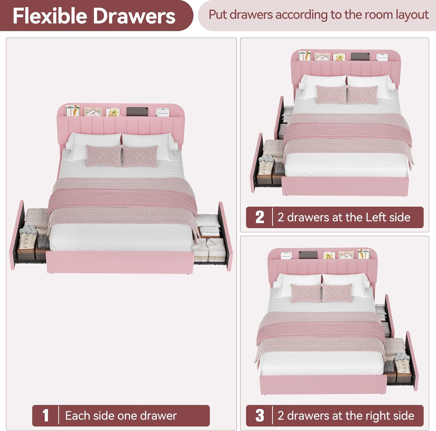 Twin Size Bed Frame with 2 Flexible Drawers, Boucle Upholstered Platform Bed Frame with Bookcase Headboard, Bedframe for Kids/Girls, Easy Assembly, No Box Spring Needed, Noise Free Twin Size Bed Frame with 2 Flexible Drawers, Boucle Upholstered Platform Bed Frame with Bookcase Headboard, Bedframe for Kids/Girls, Easy Assembly, No Box Spring Needed, Noise Free