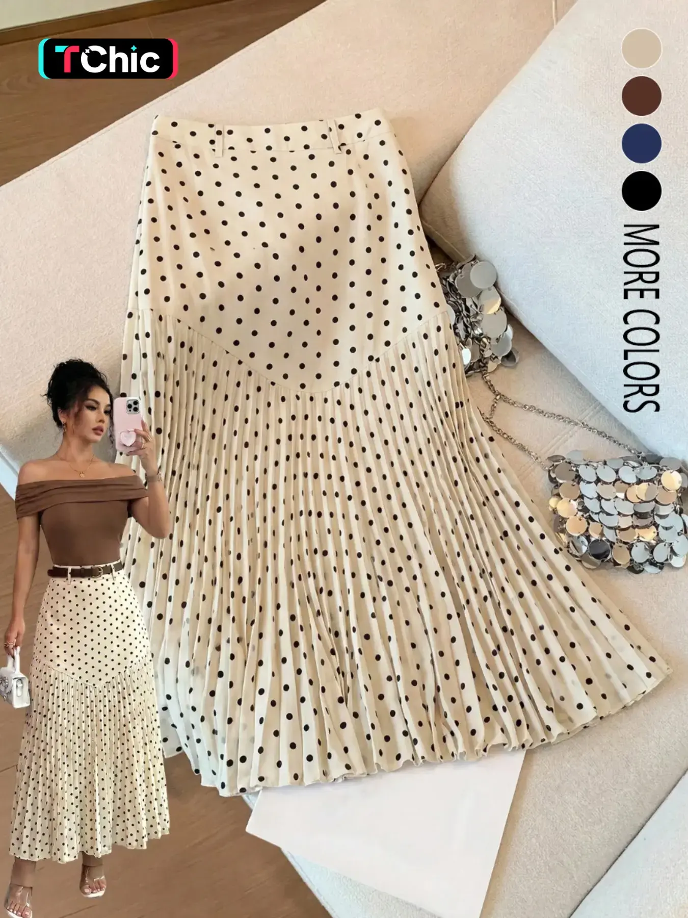 Autumn/Winter New Arrival: Elegant Polka Dot Print Pleated Skirt for Women
