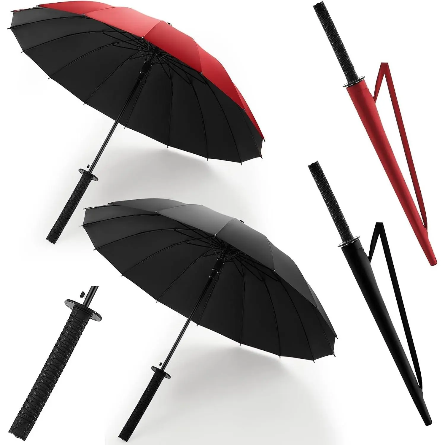 2 Pcs Samurai Umbrella Semi-automatic Katana Sword Umbrella Gifts for Men Women Cosplay Windproof Sun and Rain Protection Outdoor (Black,Red)