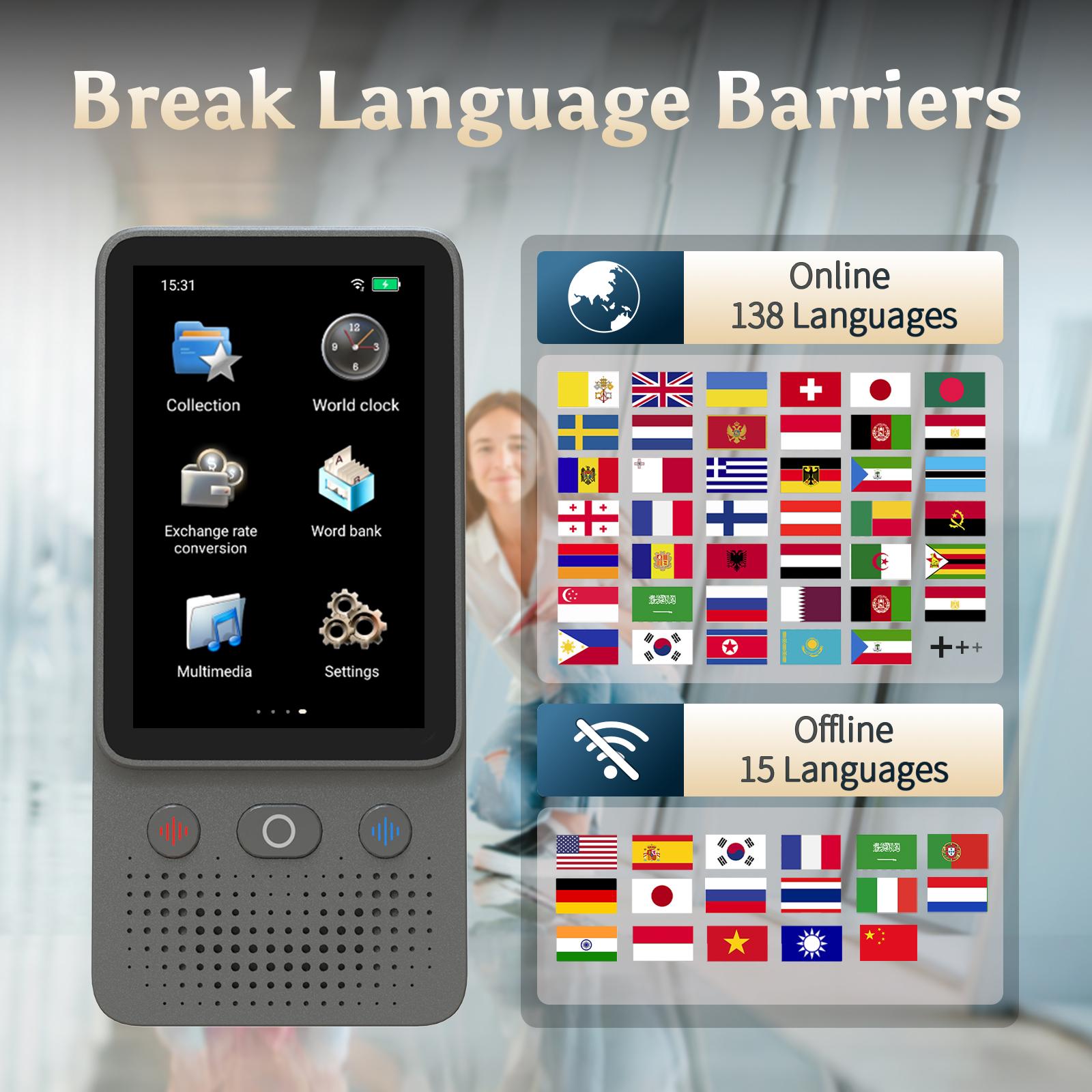 2026 Newest Portable AI Language Translator Device, 138 Languages AI Offline/Group/Phone Translation Device Two Way Real-Time Voice,Upgraded Chip for Travel Business Learning traductor de voz idiomas Electronic Audio