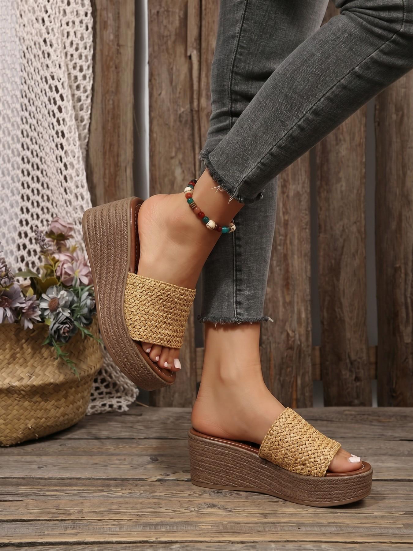 Women's Straw One-Strap Wedge Sandals, Summer Outdoor Retro Braided Thick Sole Platform Slippers, Beach Slip-Ons, Anti-Slip, Height-Increasing, Braided Design Sandals