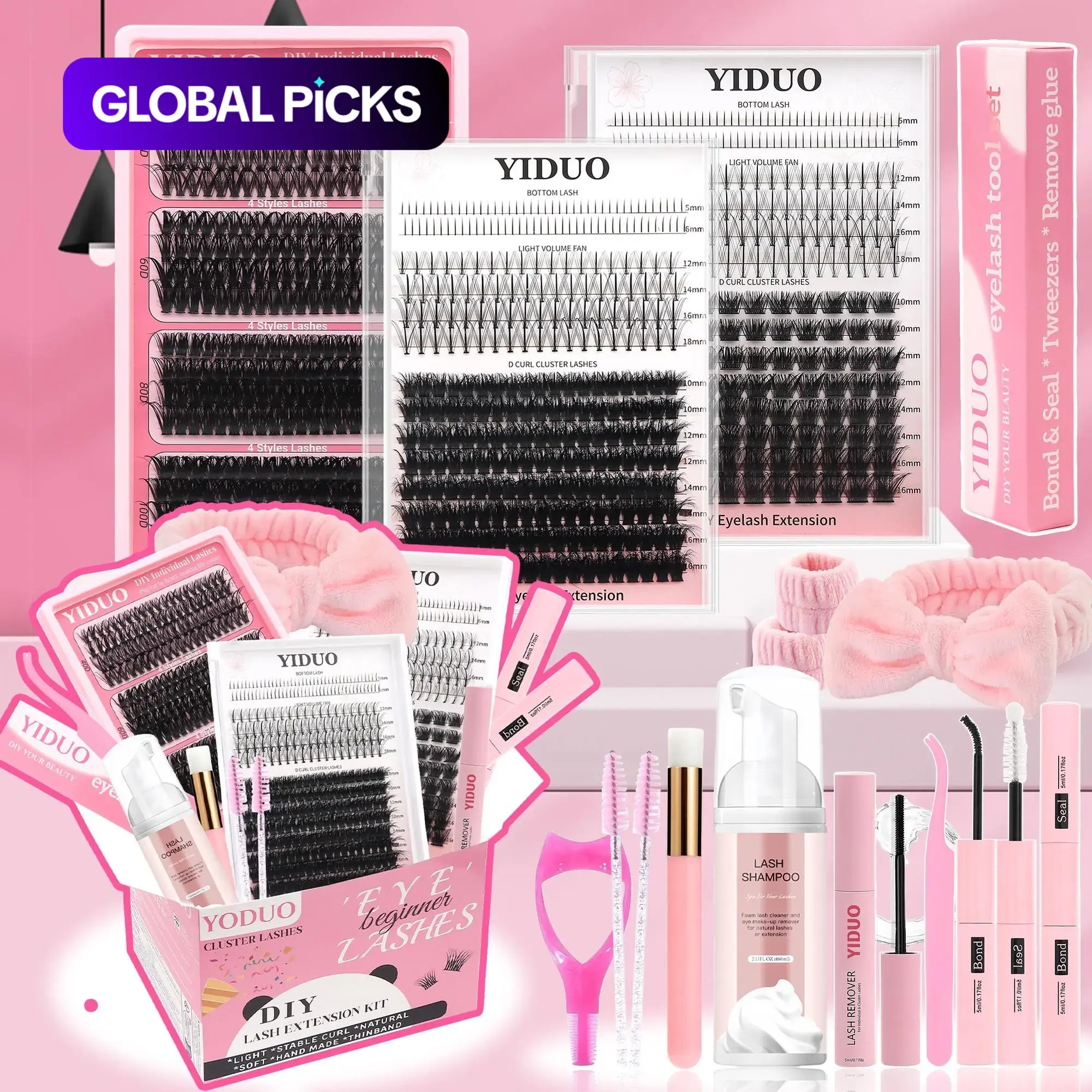 Mixed Length Individual False Eyelashes Kit, Lash Set, Natural-Look DIY Lash Clusters with Bond, Seal, Remover, Tweezers, Brush, and Headbands #GLOBAL PICKS
