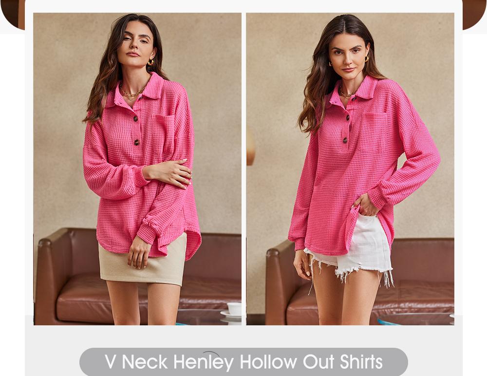 EVALESS Women's Oversized Henley Waffle Shirts Tops Button V Neck Long Sleeve Lightweight Mesh Knitwear Tunic Blouses 2026 Casual Fall Outfits Green Minimalist Style