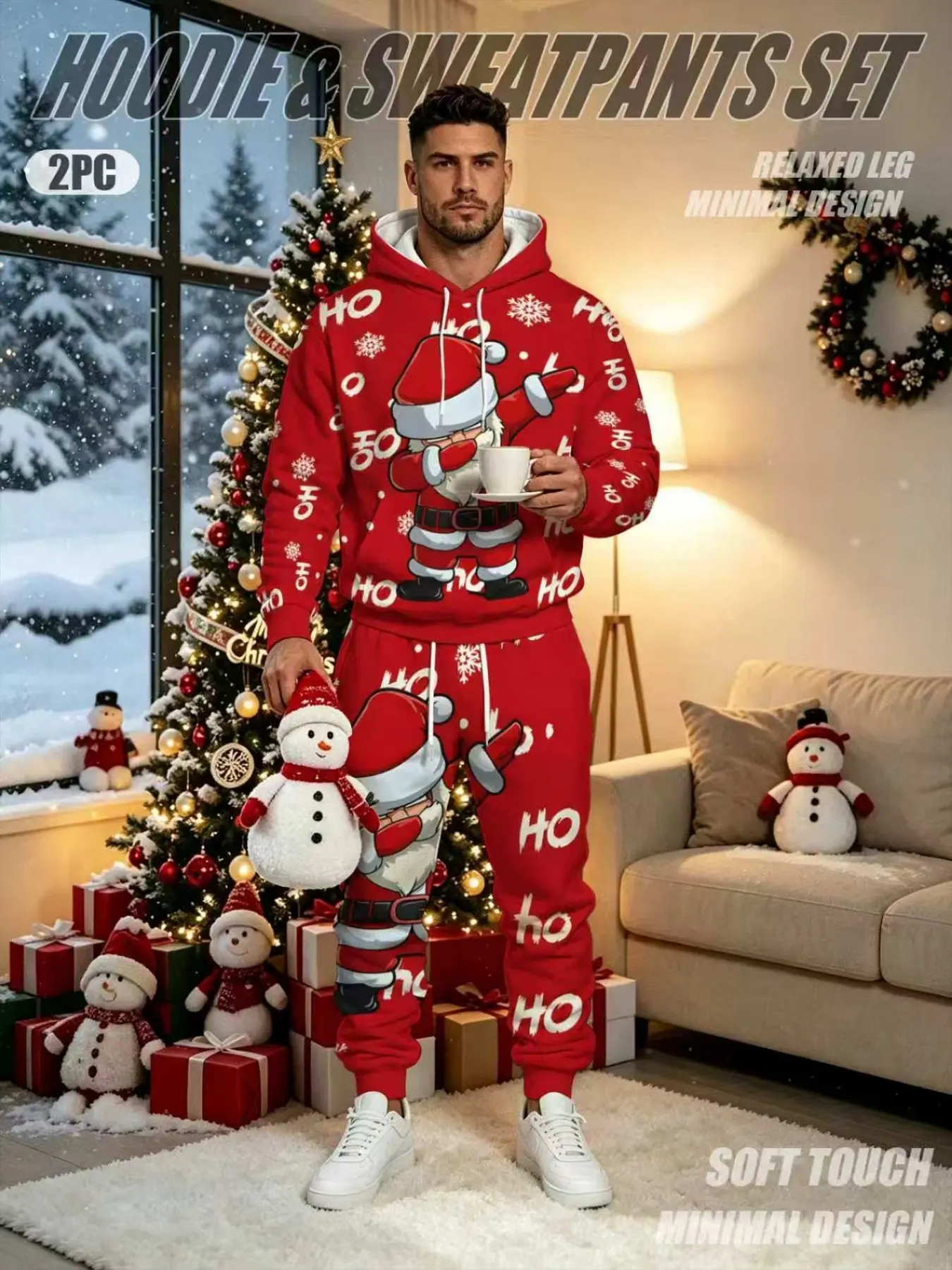 Men's Christmas Print Festive Hoodie Set, Sweat Set, Pants Set Outfit, Casual Long Sleeve Fitted Design, Drawstring Pocket Pants, Perfect Gift for Fall & Winter