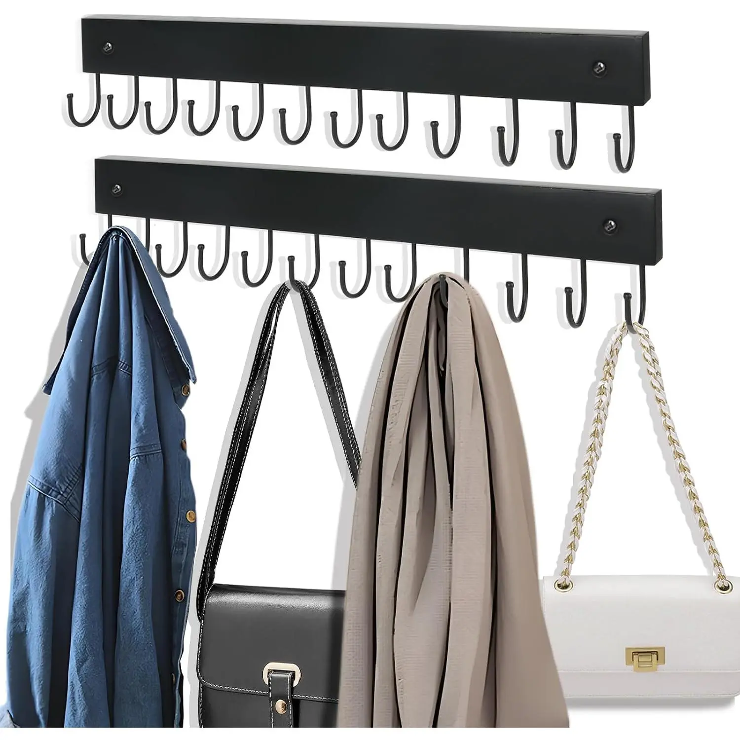 Wooden 2-Pack Purse Organizer Wall-Mounted Rack & Belt Hanger with 24 Rotating Hooks, 14.6" Durable Metal Strap-Equipped Purse Storage, Entryway Organizer, Black, Ideal Gift Idea for Accessories