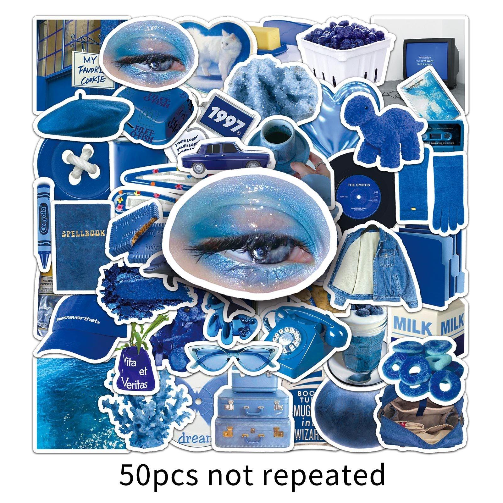 50pcs Blue Aesthetic Stickers, Y2K Blue Theme Waterproof Vinyl Decals, Cute Blue Stickers for Laptop, Water Bottle, Luggage, DIY Scrapbook, Journal
