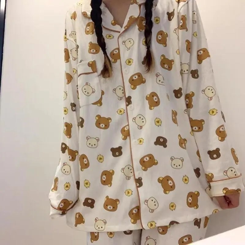 Rilakkuma Cartoon 2-Piece Long-Sleeve Long Pants Pajama Set for Women & Children, Cute Home Loungewear for Spring & Autumn