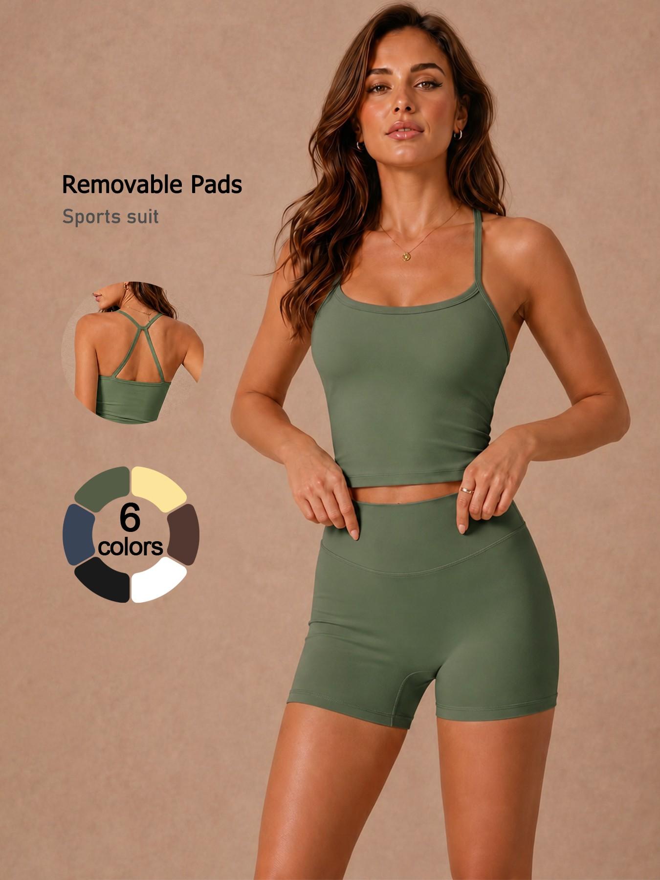 Women's 2 Piece Sports Set Solid Color Spaghetti Strap Cami Top Shorts Removable Padded Buttery Soft Breathable High Elastic Butt Lifting Tummy Control Open Back Pilates Yoga Set Gym Cool Comfortable Running Cycling Women's Fitness Set
