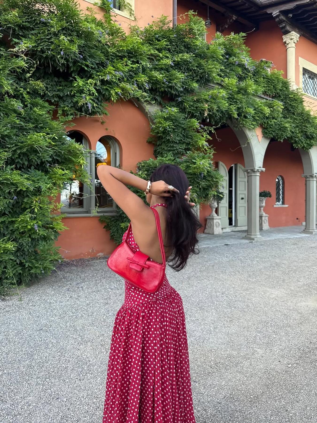 Elegant Vintage Polka Dot Halter Deep V Neck Backless Tie Waist Fitted Dress, Pure Color Retro Style, Women's Fashion Party Dress