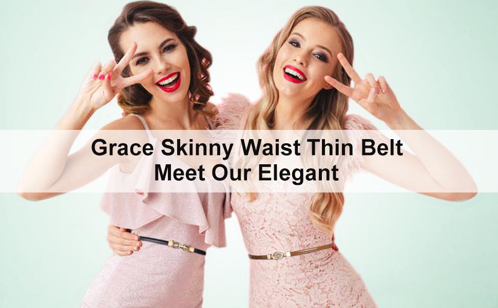 JASGOOD Women Leather Skinny Belt Thin Waist Belts for Dresses up to 37 Inches 2 Pack with Golden Buckle