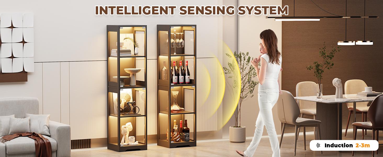 MIIFUNY Display Cabinet with Glass Doors, 4-Tier Display Case with 3 Color Lights for Collectibles, Display Shelves with Human Body Sensor, Black