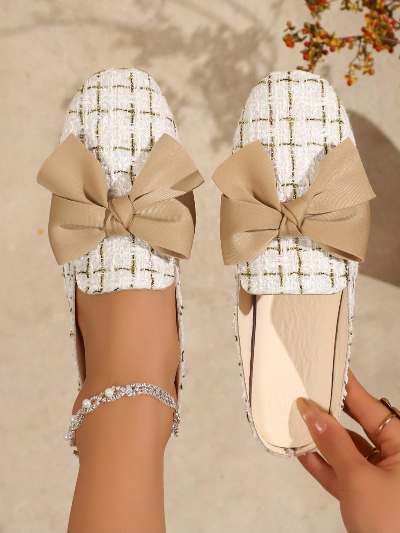 Chic Tweed Mules with Bow Design, Elegant and Soft Style, Perfect for Sophisticated Looks, Ideal for Special Occasions