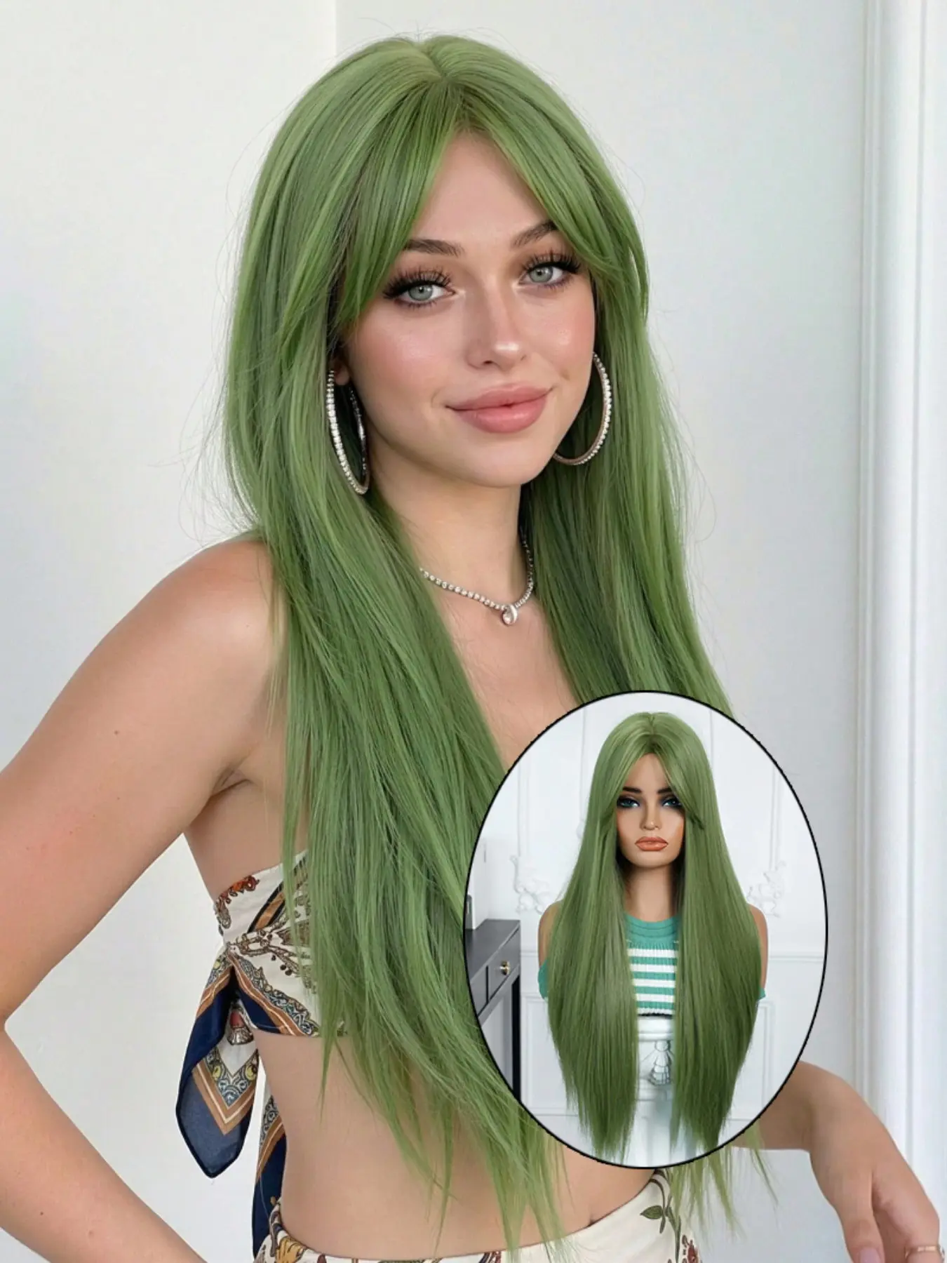 Mint Green Long Straight Synthetic Wig With Bangs Natural Looking Green Cosplay Wig For Women Versatile Daily Party Heat Resistant Fiber Wigs Fake Hair Fun Wigs