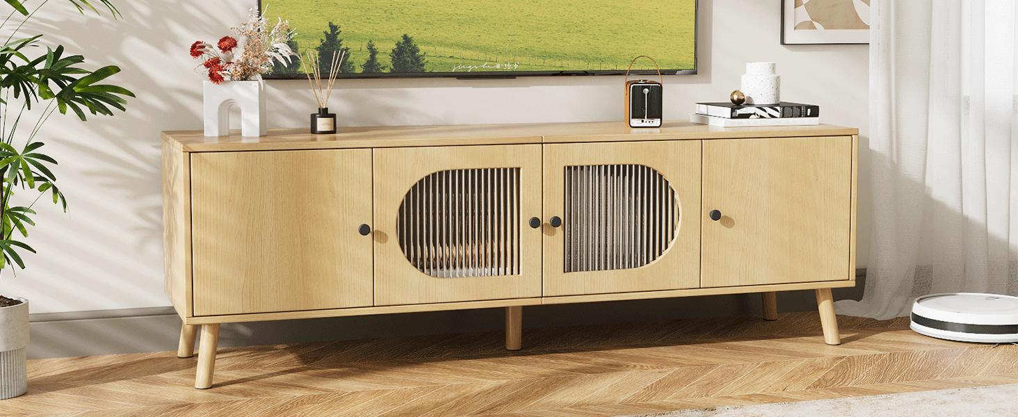 VOWNER TV Stand for 55/60/65 inches TV, Wood Media TV Cabinet with Glass Doors, Entertainment Center with Storage for Living Room, Bedroom, Oak