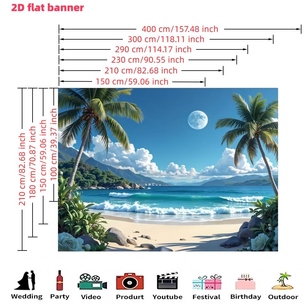 Hawaii Beach Banner, Tropical Party Banner with Palm Trees, Waves, Full Moon, Polyester, Wedding, Birthday, Anniversary Decorations