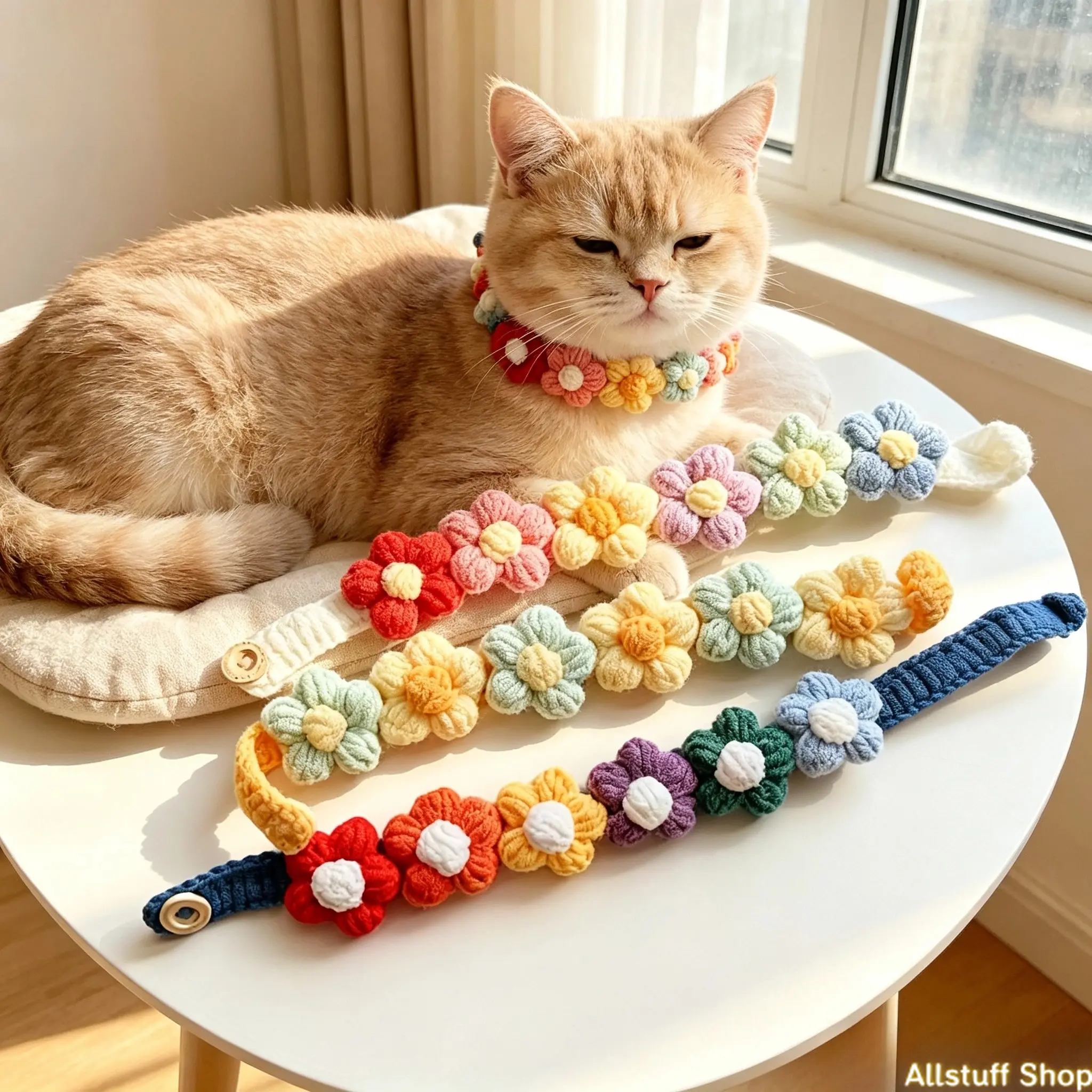 Christmas Handmade Crochet 3D Flowers Pet Collar, Yarn Neckband for Cats, Small Dogs (Sports & Outdoor Pet Accessory)