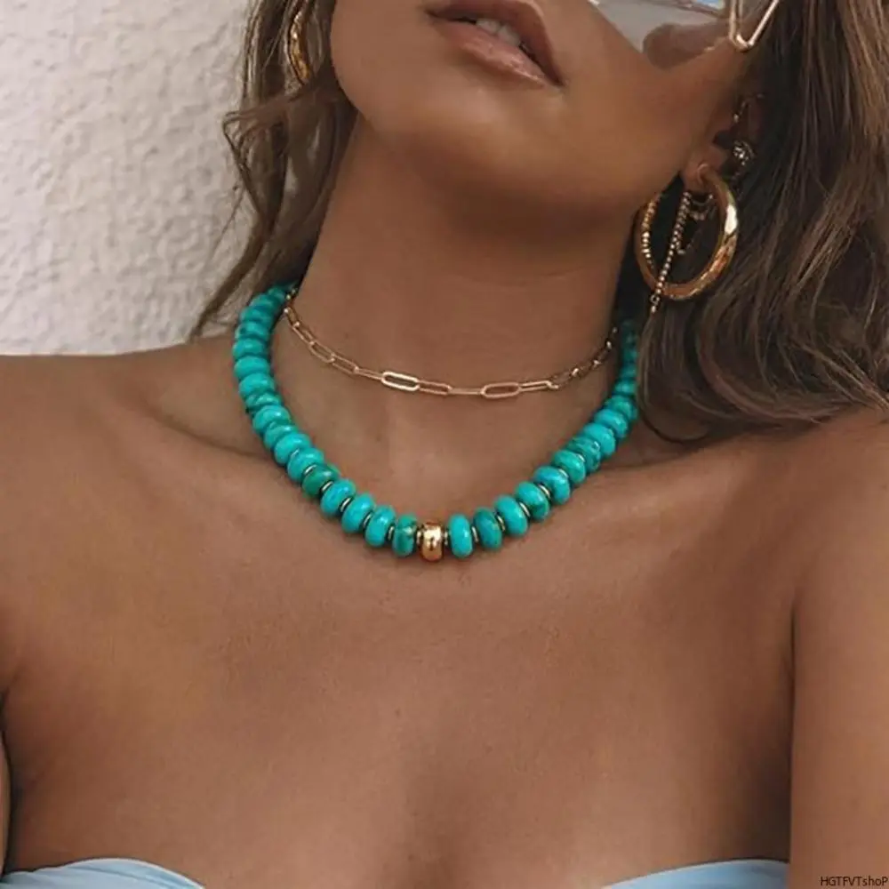 Women's Boho Dopamine Beaded Choker Necklace Set - 6 Stackable Layers, Smooth Flat Round Stone Beads (Rainbow, Turquoise, Cream, White, Mustard), Gold Starfish Shell Pendant, Lightweight Beach Casual Outdoor Leisure Jewelry
