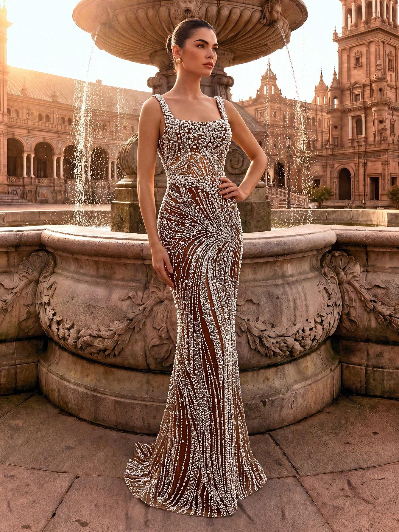Women's Woven Fabric Prom Dress - Square Spaghetti Straps, Cross-Tie Back, All-Over Rhinestones, Sleeveless Bodycon Mermaid Style, Comfortable Floor-Length Formal Gown for Prom, Wedding Reception Events, Lady Women's Woven Fabric Prom Dress - Square Spaghetti Straps, Cross-Tie Back, All-Over Rhinestones, Sleeveless Bodycon Mermaid Style, Comfortable Floor-Length Formal Gown for Prom, Wedding Reception Events, Lady