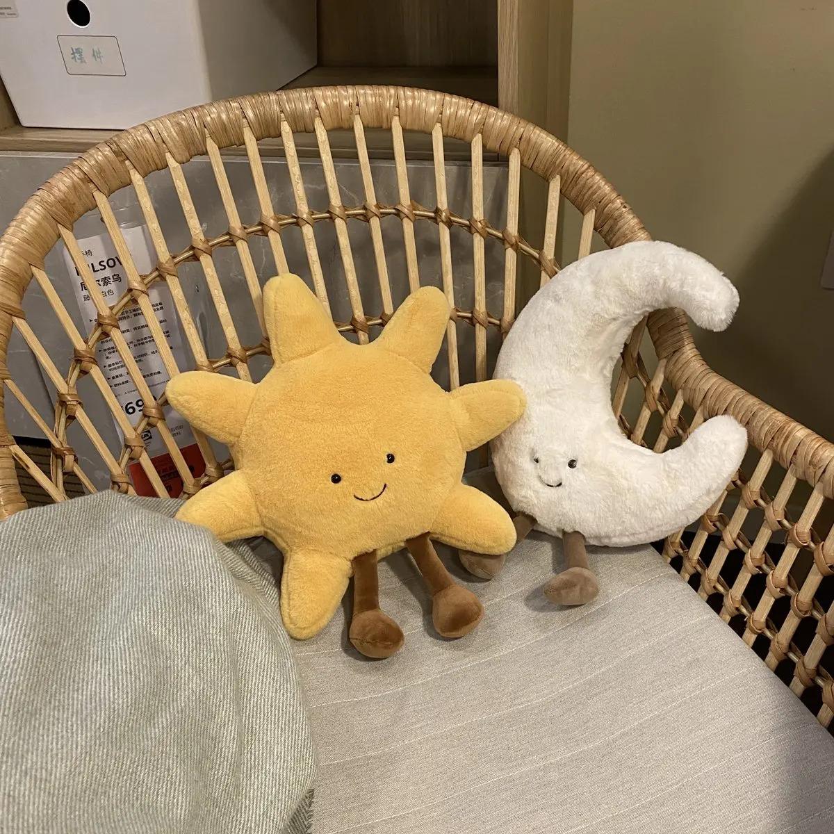 Adorable Smile Face White Moon Yellow Sun Plushie Stuffed Cute Cartoon Weather Plush Toy for Kid Bedroom Decor Sofa Throw Pillow