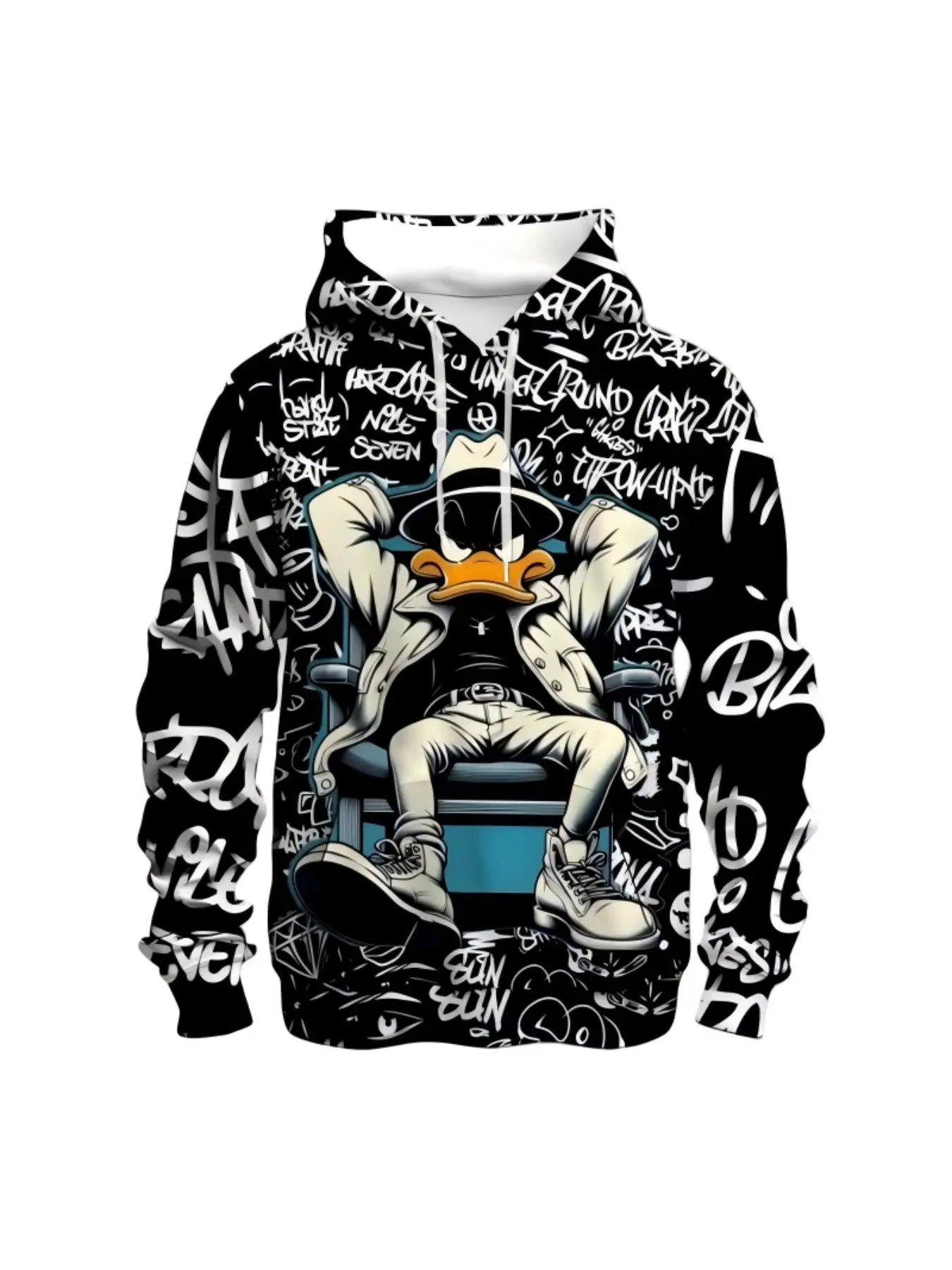 Dark Graffiti Full Print Duck Hoodie, European and American Fashion Loose Lightweight Top, Casual Loose-Fitting Hooded Sweatshirt