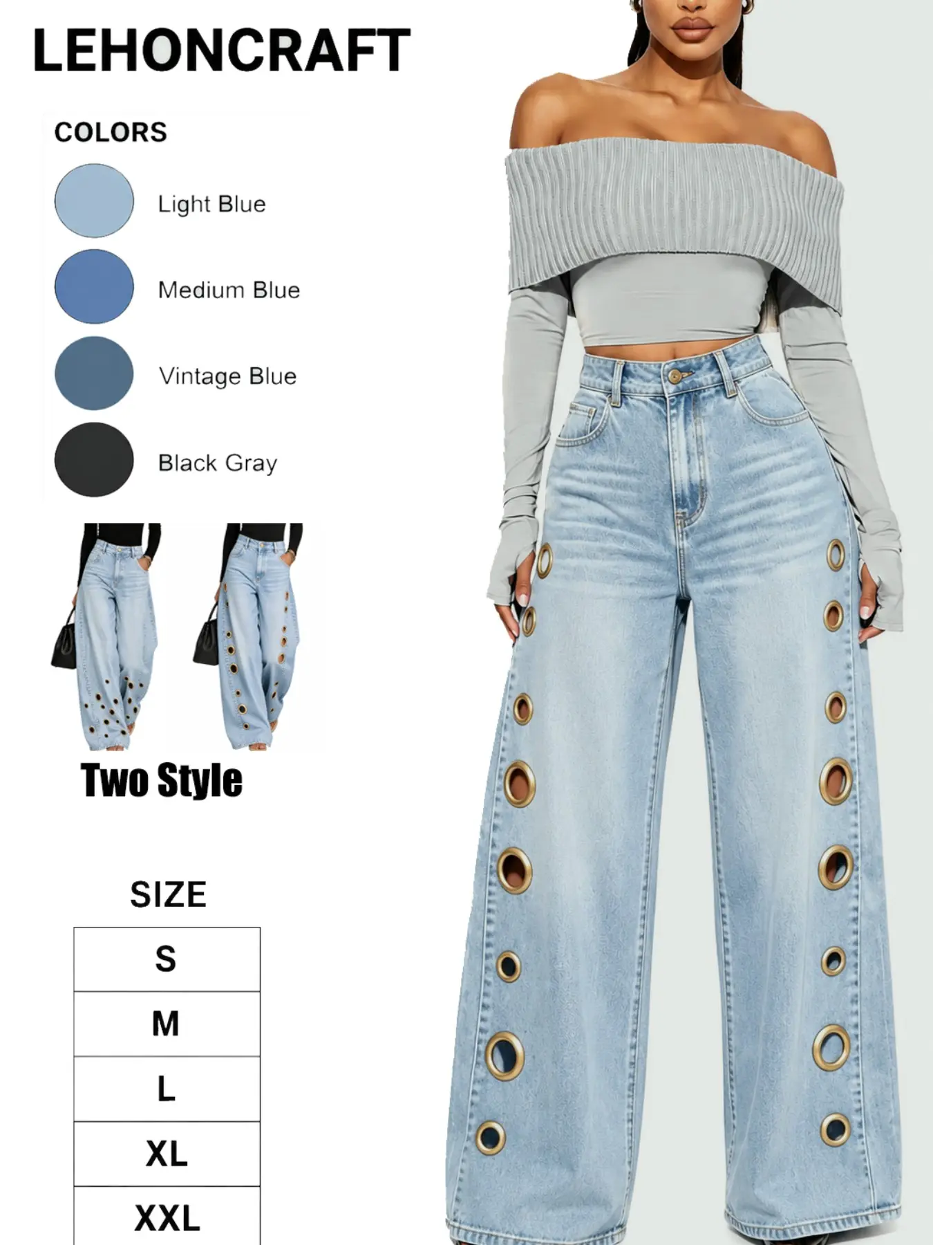 2026 Spring & Summer New Metal Asymmetrical Eyelet Women's Solid Color Loose Fit Jeans