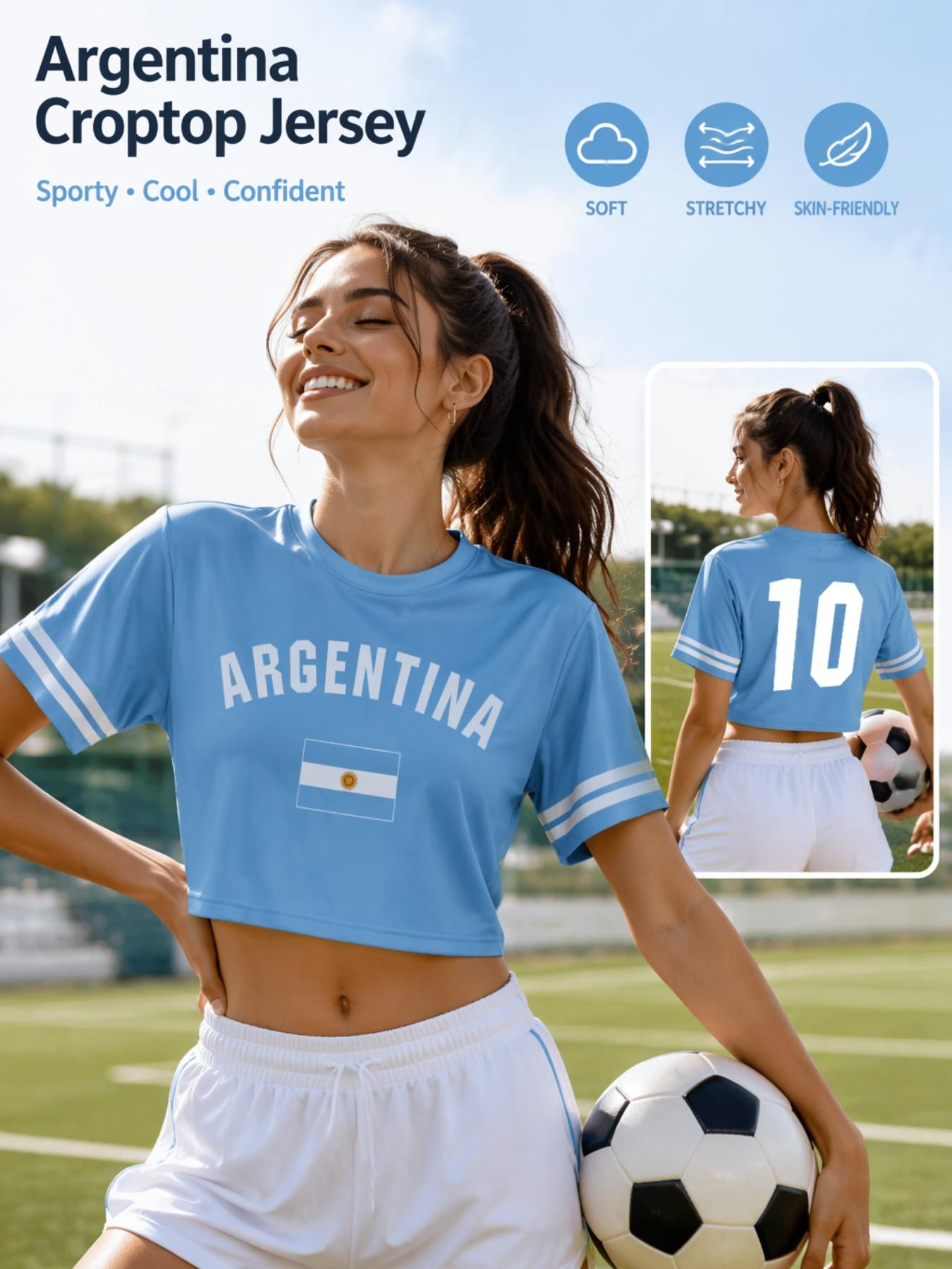 Argentina Crop Top Fan T-Shirt, Light Blue, Striped Sleeves, Soft Breathable Loose Fit, Sporty Style, Women's Football Gear, Jersey Crop Top