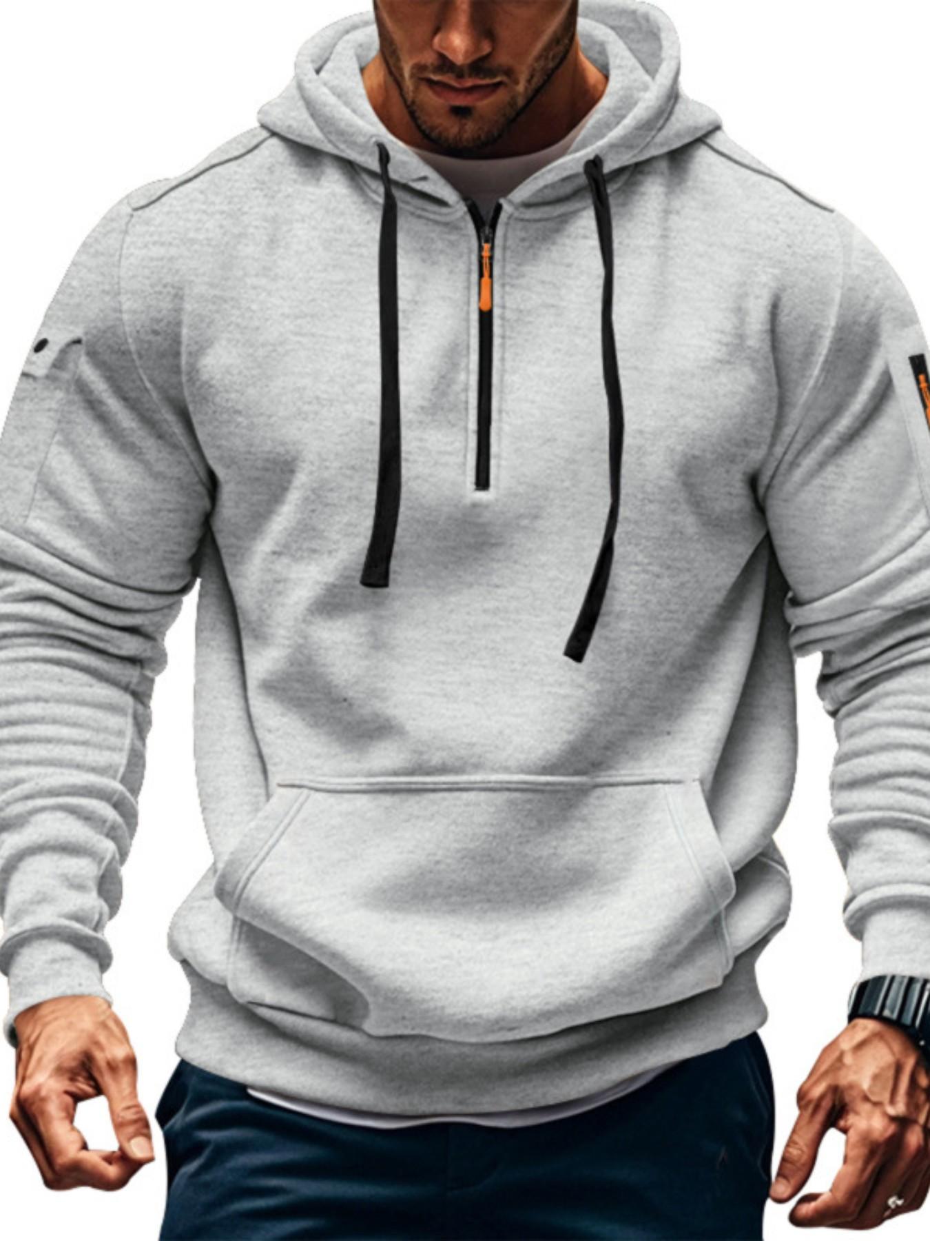 Men's Fall Winter Hooded Sweatshirt, Sporty Fitted Plaid Letter Print, Heavyweight Fleece Pullover, Casual Sports Outerwear