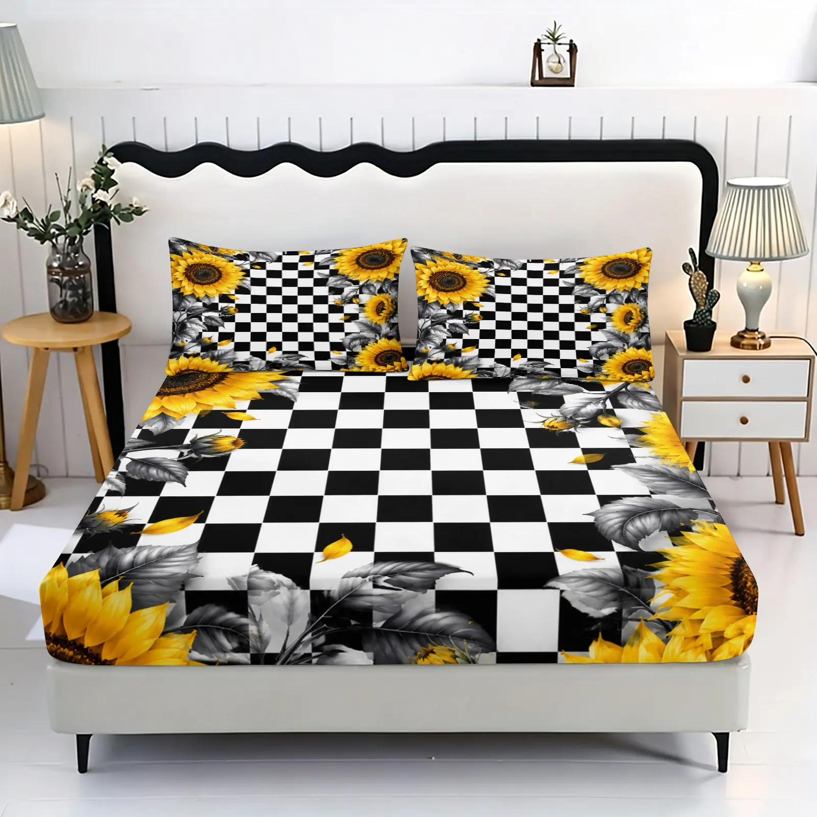 3-piece retro sunflower black and white checkered print bedding set, including 1 bed cover and 2 pillowcases (without filling material). A gift for friends. Suitable for single beds, double beds. Perfect for bedrooms and dormitories.
