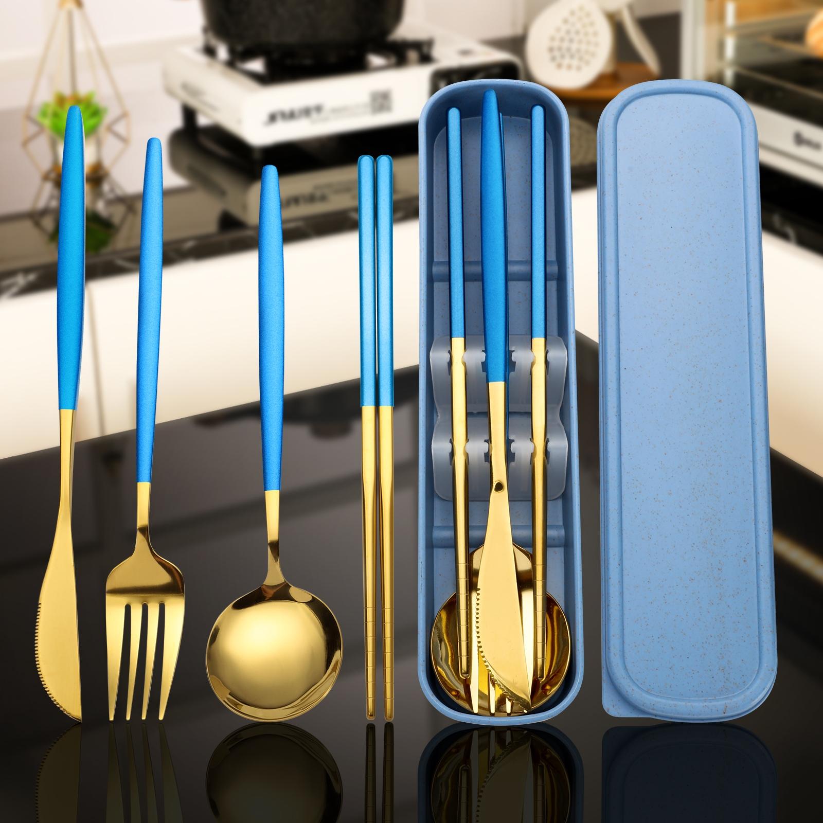 Exquisite 4-Piece Gold Stainless Steel Flatware Set with Travel Case |   Reusable Portable Utensils for Camping, Office, & Dining |   Premium Gift-Ready Cutlery for Home or On-the-Go -RR