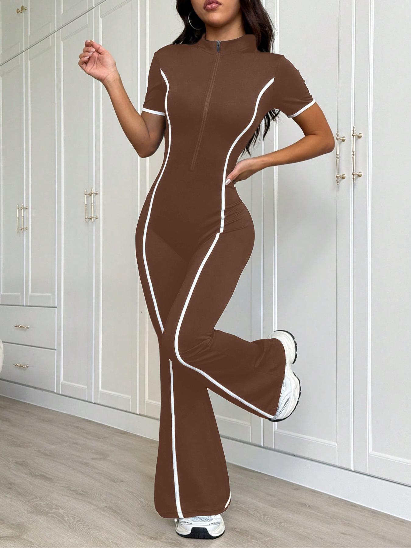 Women's Colorblock Zipper Fall Winter Fleece Lined Knit Yoga Jumpsuit, Workout Jumpsuits, Long Sleeve Slim Fit Casual Fashion Clothes