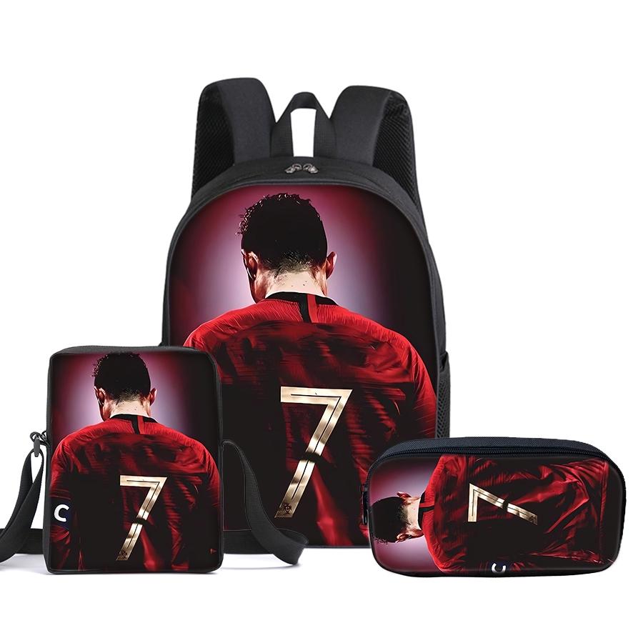 CR7 Football pattern printed 16-inch Soccer Backpack three-piece set (single-layer backpack + small shoulder bag + single-layer pencil bag)