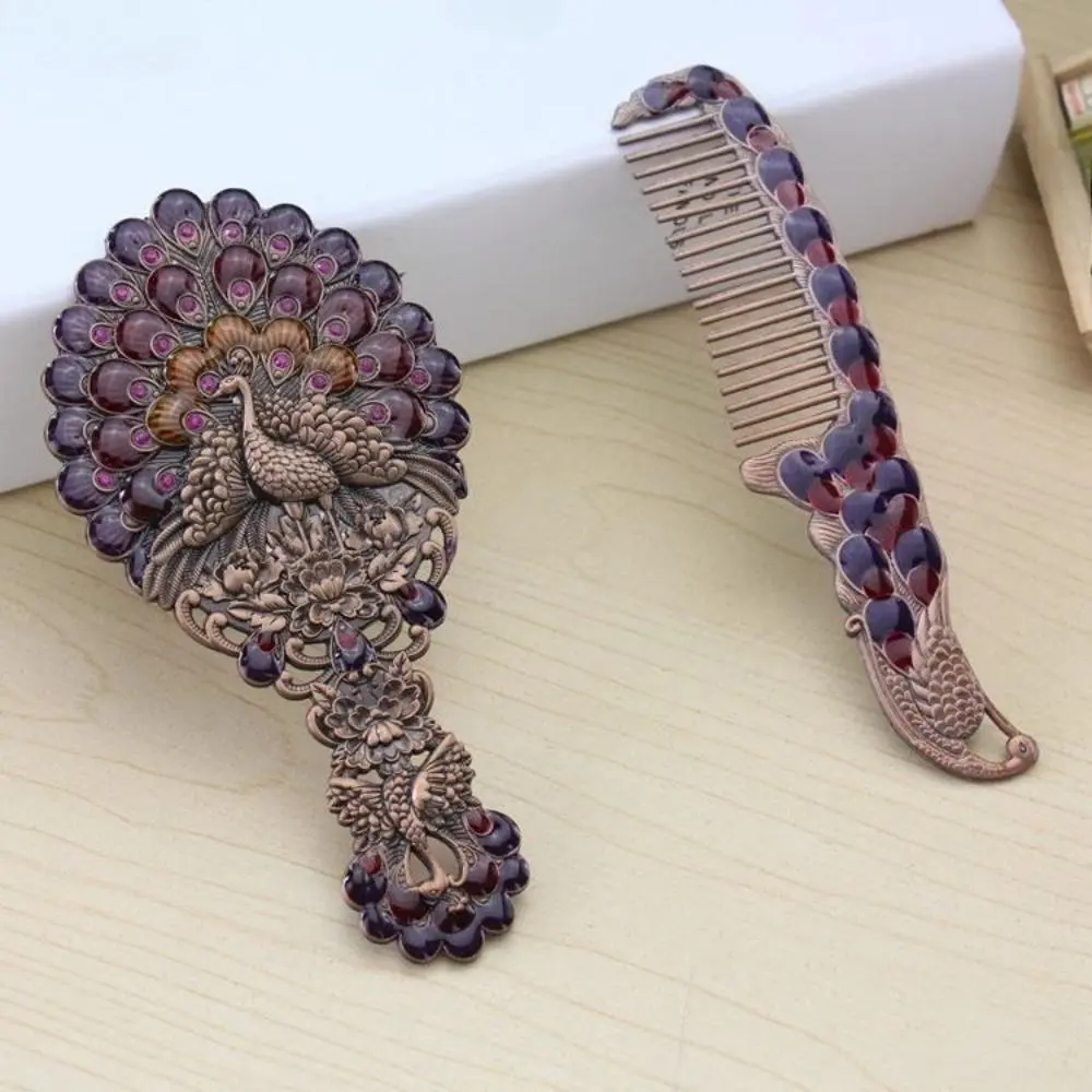 Vintage Peacock Spreading Tail Handheld Makeup Mirror, Portable Metal Cosmetic Mirror & Hair Comb 2-Piece Set, Elegant Decorative Beauty Kit, Ideal Holiday & Birthday Gift for Women