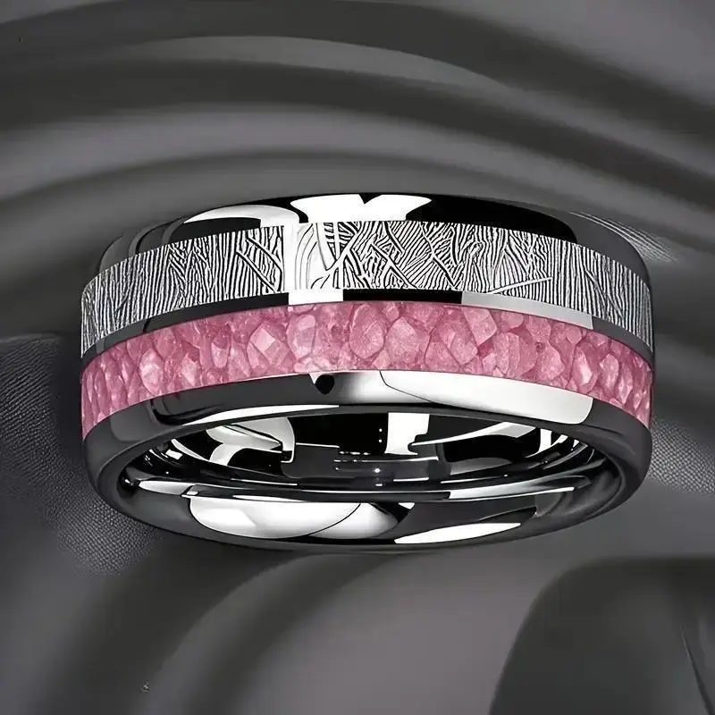 Elegant Women's Titanium Steel Ring with a Pink Rose-Meteor Inlay, Durable Romantic Wedding Band for Daily Wear or Valentine's Day Gift