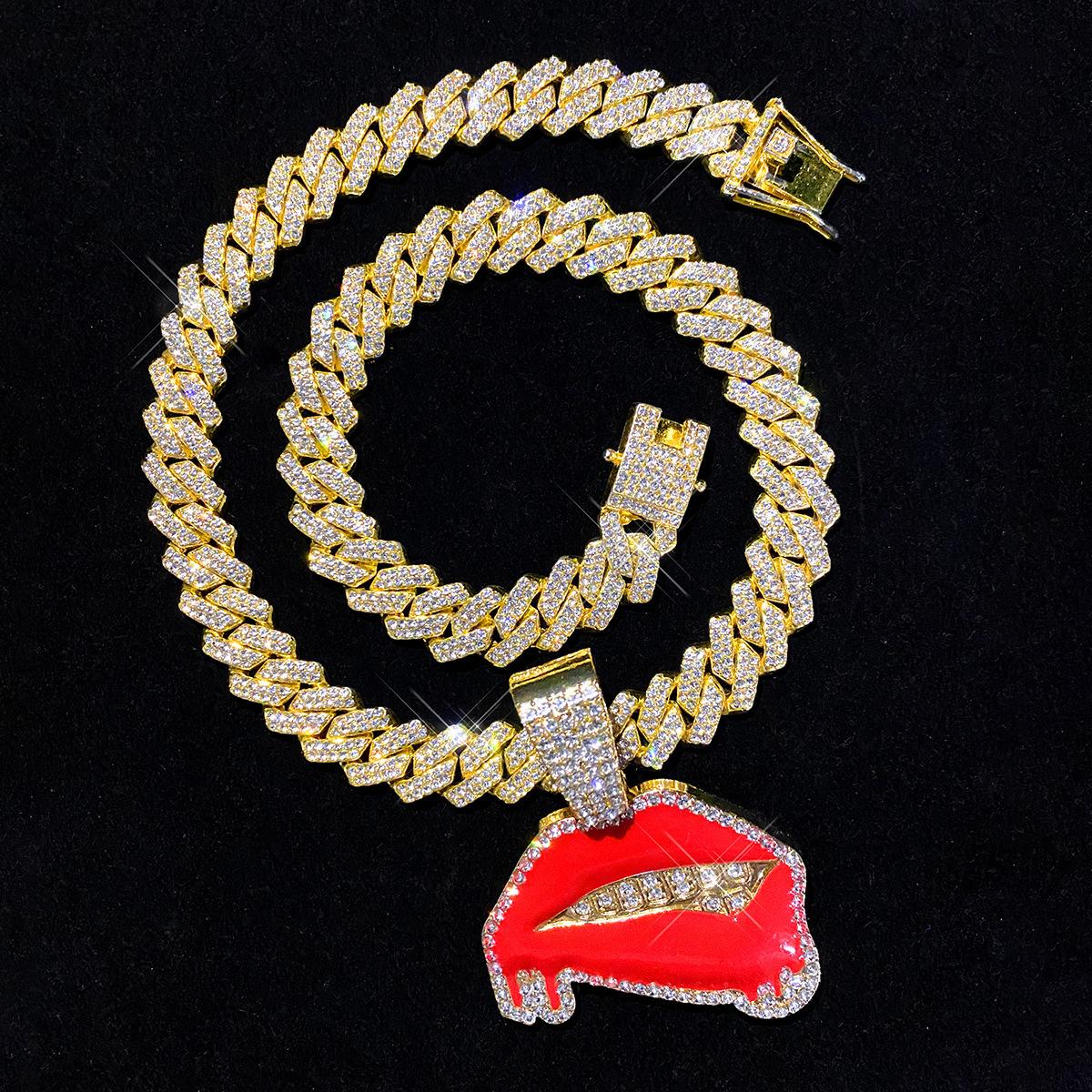 Diamond-studded oil-drip sexy red lip pendant hip-hop personalized creative alloy Cuban chain necklace