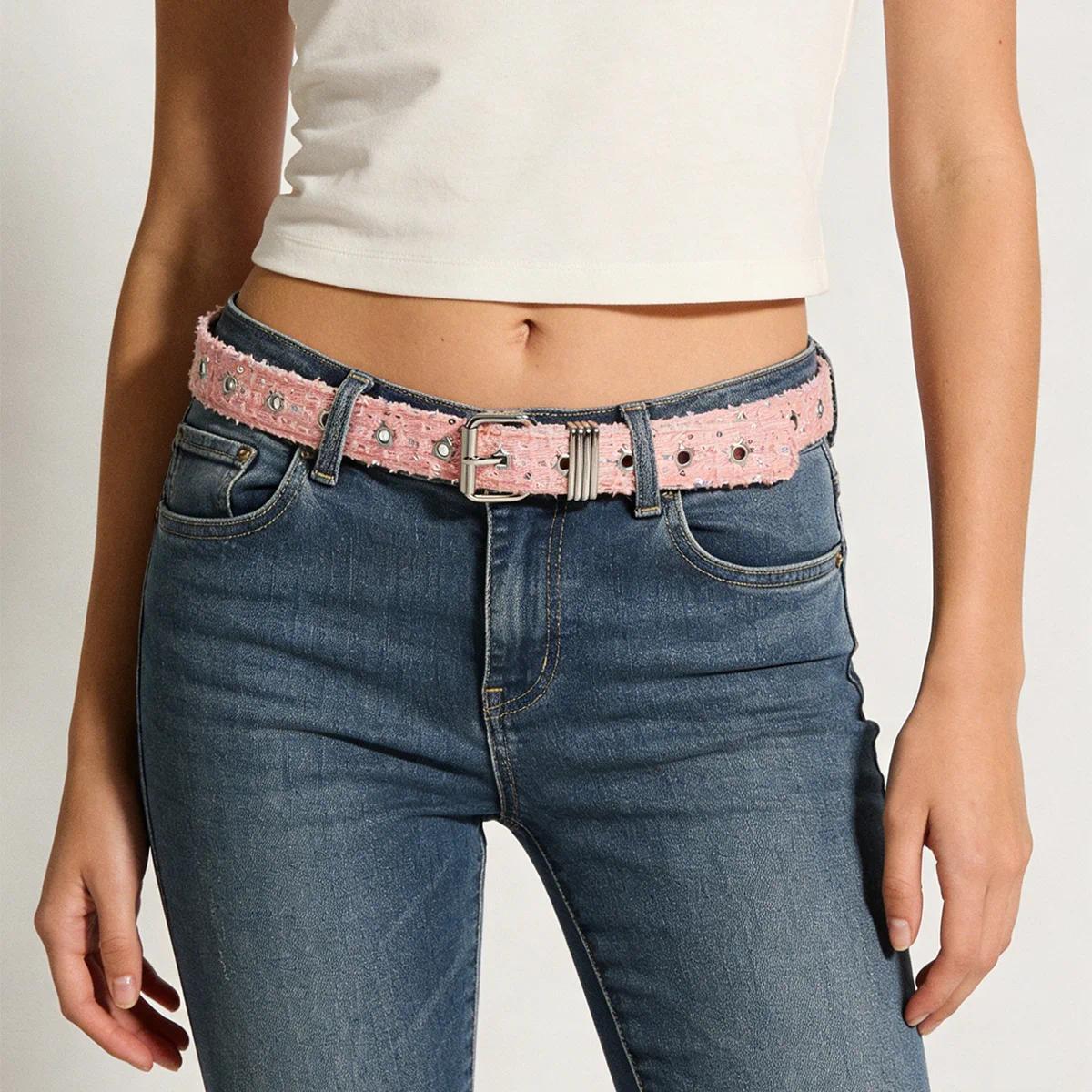 Fashion Luxury Belt Black Punk Accessories Pink Denim Girdle HipHop Y2k Star Hollowed Pin Buckle Waistband For Women Y2K Belt