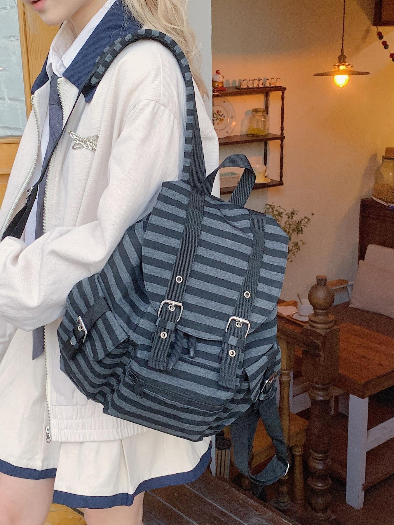 Vintage Striped Canvas Backpack for Teen Girls - Washed Retro School Bag with Multi Compartment Design, Aesthetic Bookbag for Junior High to College Students