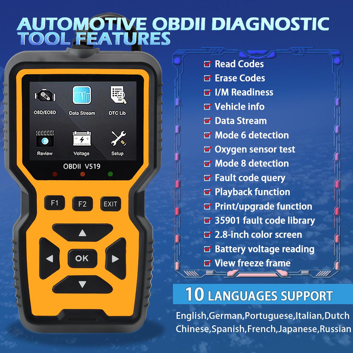 Car OBD2 Scanner Diagnostic Tool Code Reader, Car Voltage Tester Engine Fault Code Scanner, Charging Tester Diagnostic Tool For OBDII Protocol Cars V519-Yellow Live Data Stream
