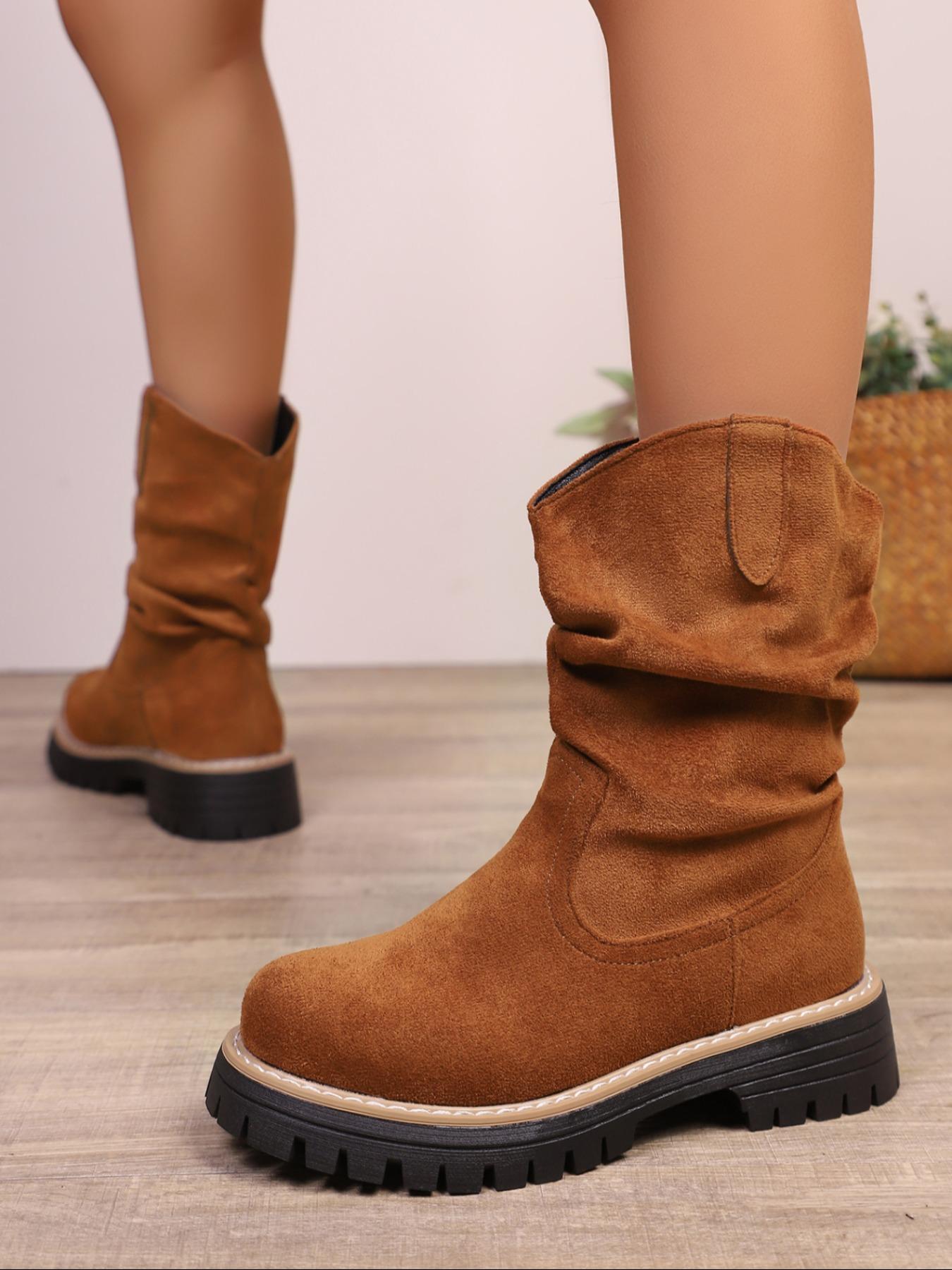 Women's new style pleated design fashionable warm outdoor solid color stretch velvet long boots, trendy mid-calf vintage denim boots, combat boots, motorcycle boots, Western Cowboy Boot, Western Inspired Boots, Footwear