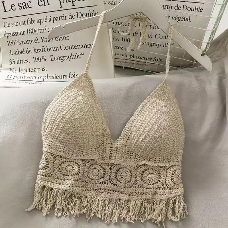 Crochet Halter Top Openwork Knit Bralette Fringed Tie Back Crop Cami Tank Women Boho Hippie Summer Beach Top Festival Coachella