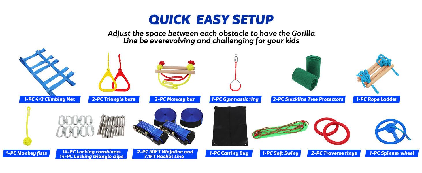 Ninja Warrior Obstacle Course for Kids - Slackline Kit with 13 Ninja Accessories, Cargo Net Rope Ladder, and Monkey Bars for Kids Playground Set Multi Purpose Inflatable Playroom  Adjustable kids outdoor play