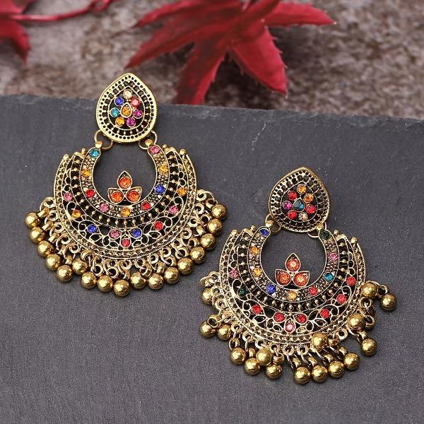 Women's Ethnic Bohemian Alloy Metal Drop Earrings - 1 Pair, Geometric Bell Motif, Colored Fringed Tassels, Exaggerated Size, Female Fit, Suitable for Casual Wear, Ramadan Parties (Random Color)